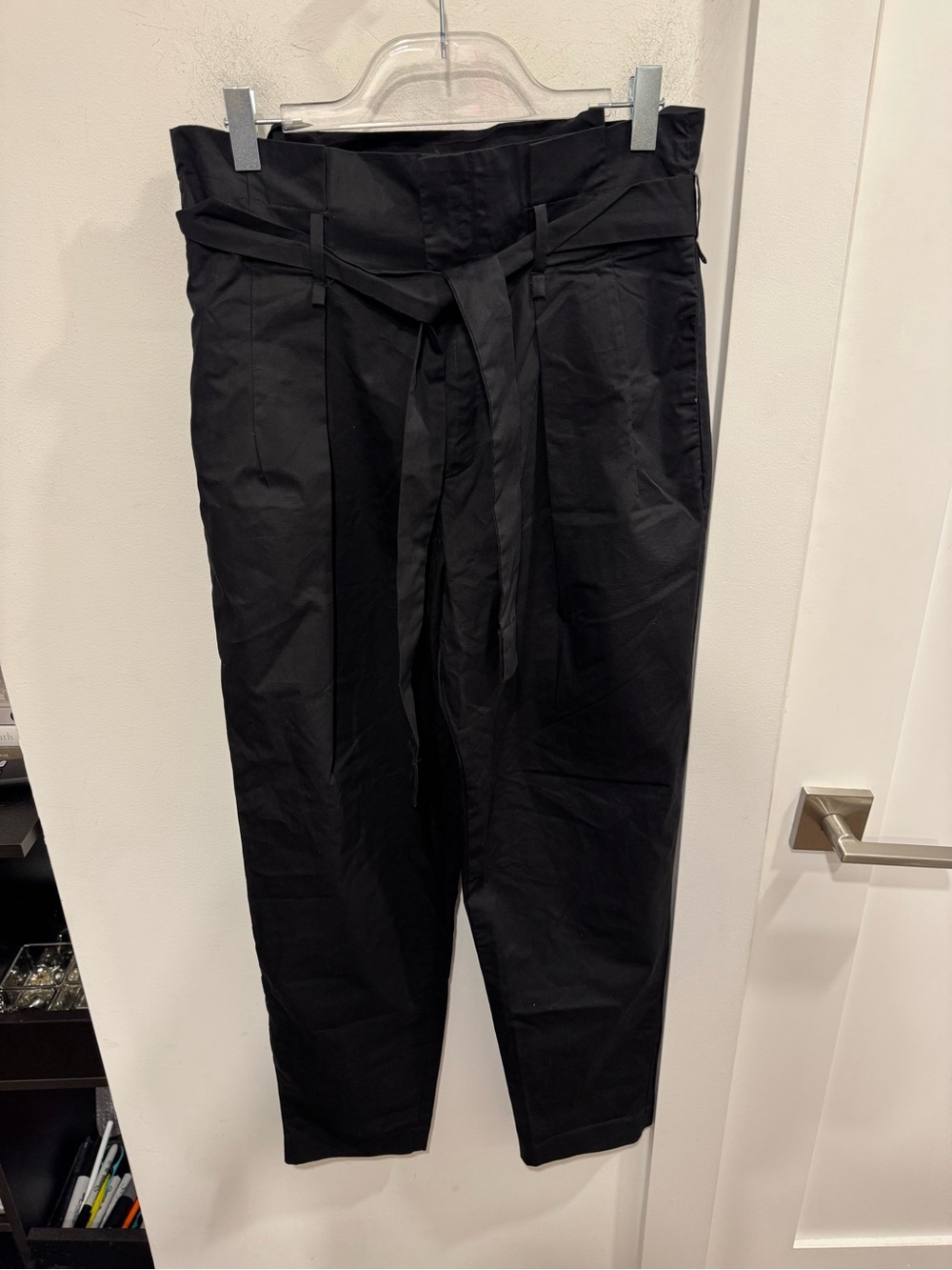 High-Waist Black Paperbag Pants with Waist Tie
